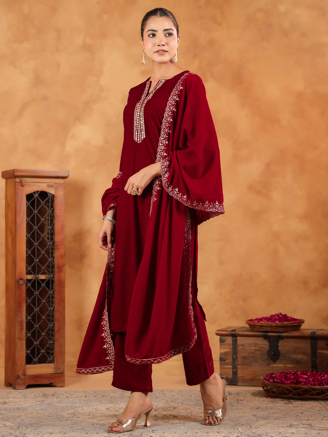 Janasya Maroon Velvet Embroidered Kurta,Bottom & Dupatta | Grocsy