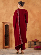 Janasya Maroon Velvet Embroidered Kurta,Bottom & Dupatta | Grocsy