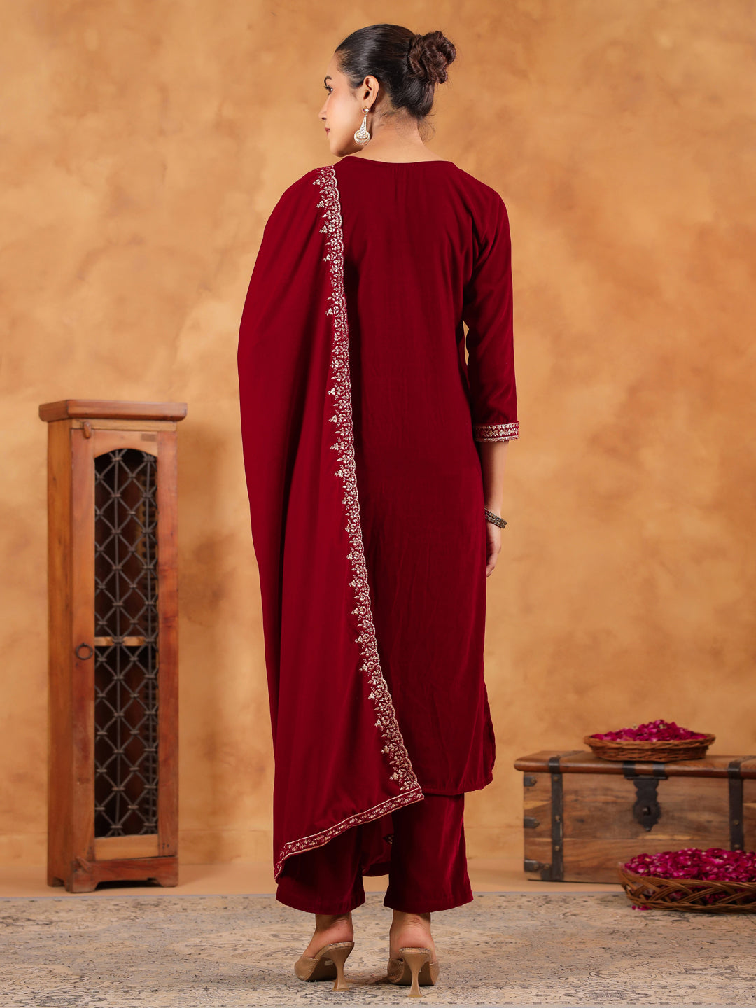 Janasya Maroon Velvet Embroidered Kurta,Bottom & Dupatta | Grocsy