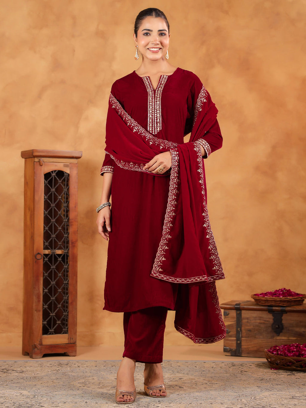 Janasya Maroon Velvet Embroidered Kurta,Bottom & Dupatta | Grocsy
