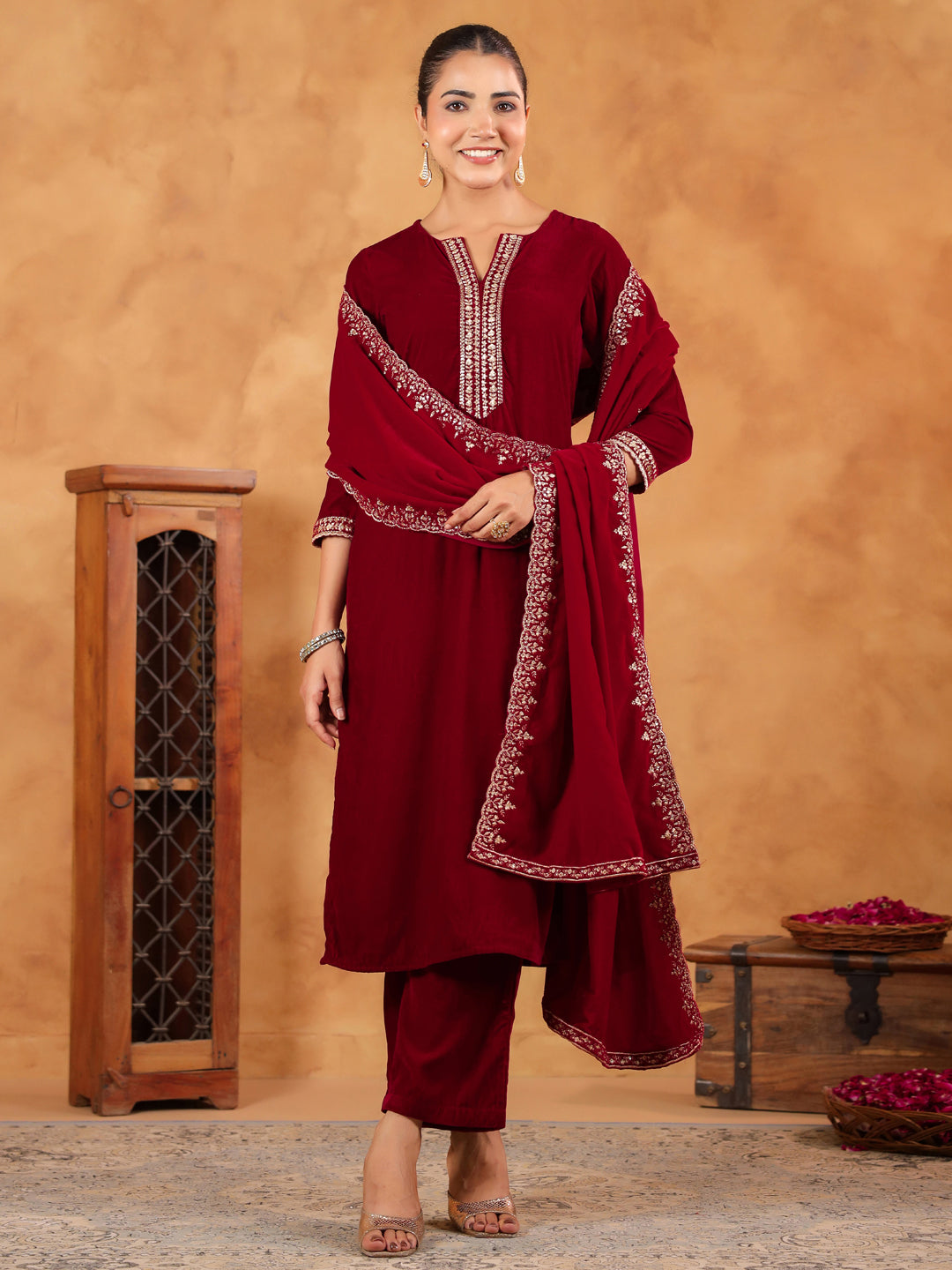 Janasya Maroon Velvet Embroidered Kurta,Bottom & Dupatta | Grocsy