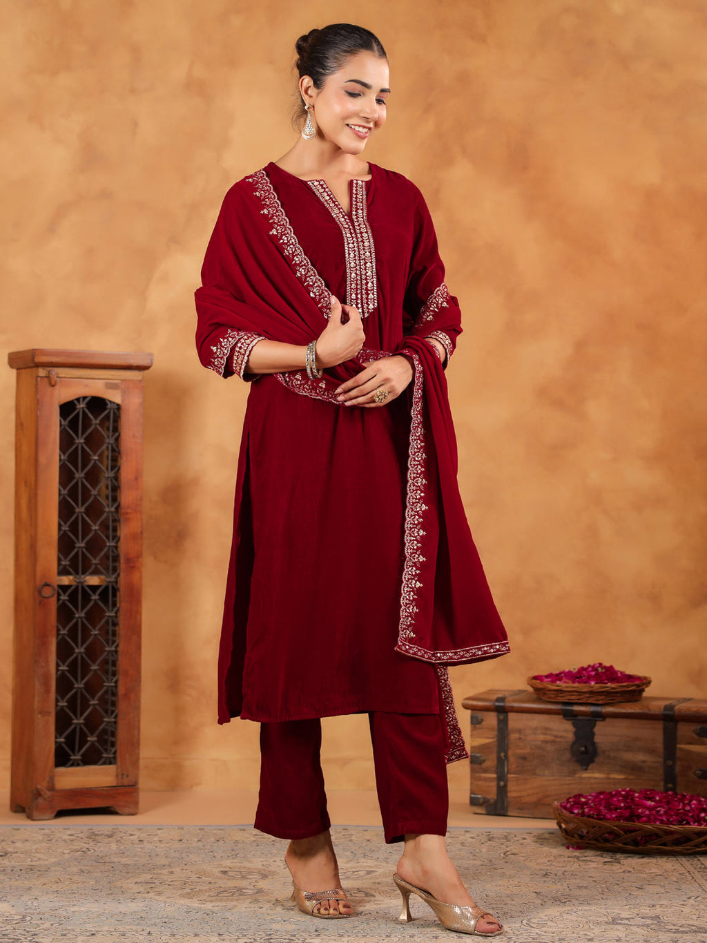 Janasya Maroon Velvet Embroidered Kurta,Bottom & Dupatta | Grocsy