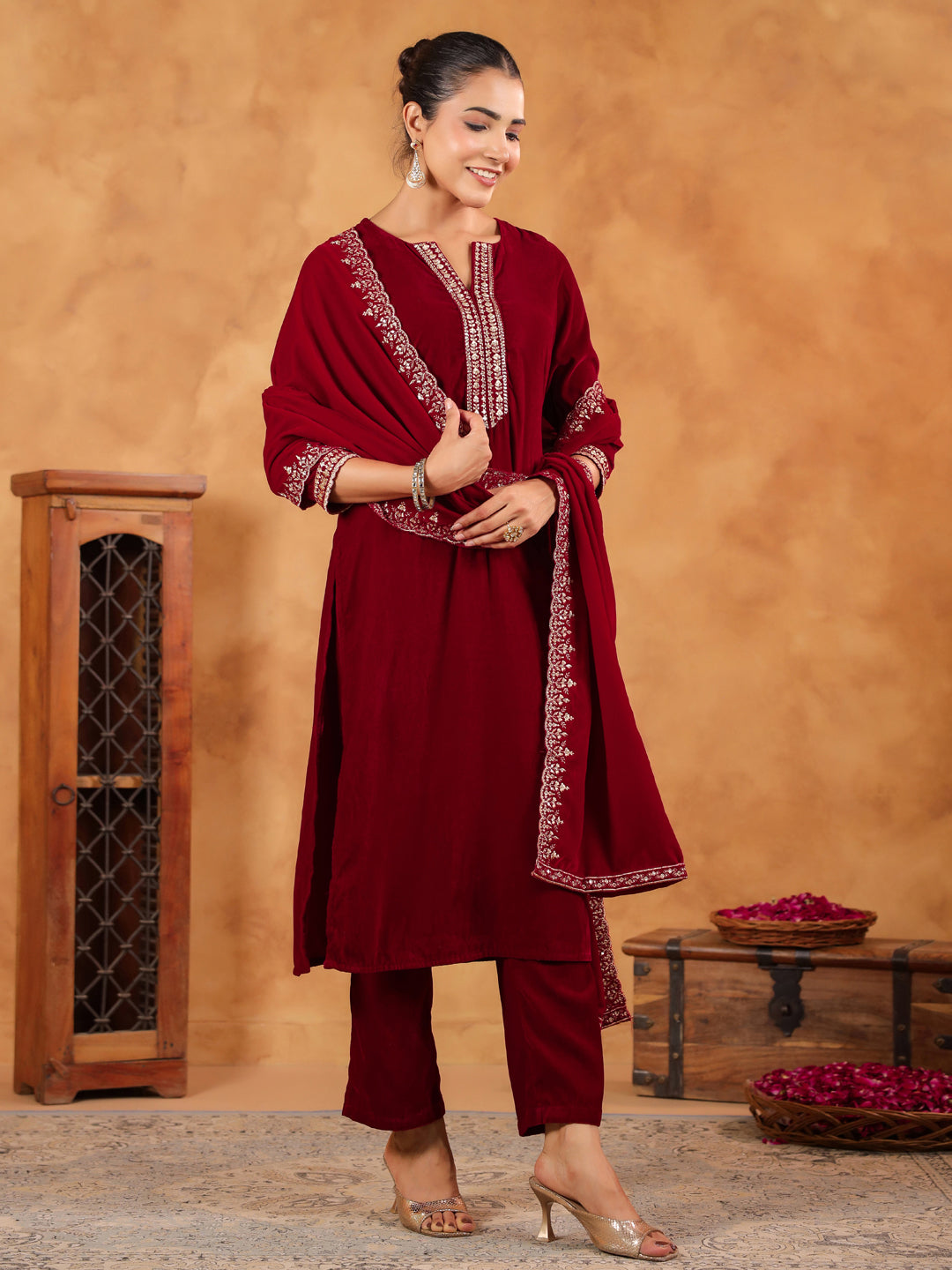 Janasya Maroon Velvet Embroidered Kurta,Bottom & Dupatta | Grocsy