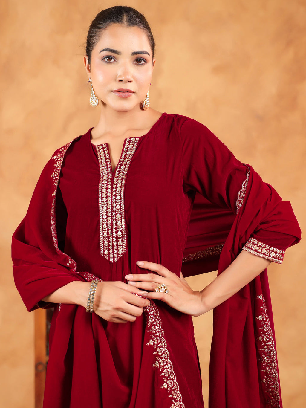 Janasya Maroon Velvet Embroidered Kurta,Bottom & Dupatta | Grocsy