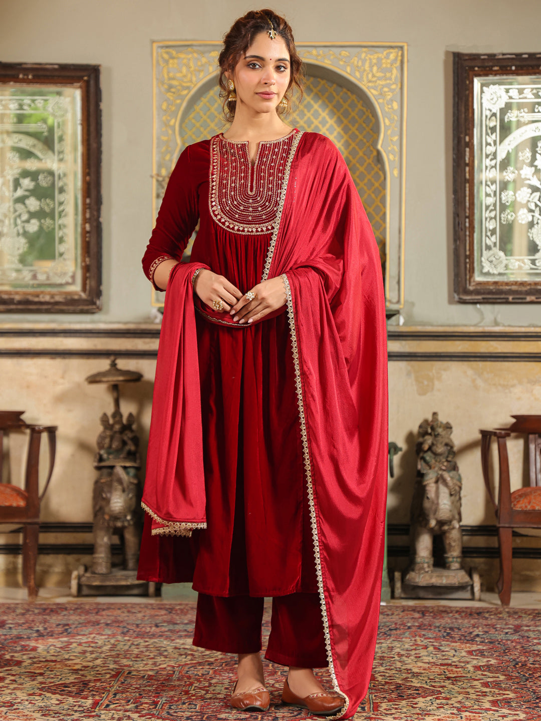 Janasya Maroon Velvet Embroidered Kurta,Bottom & Dupatta | Grocsy