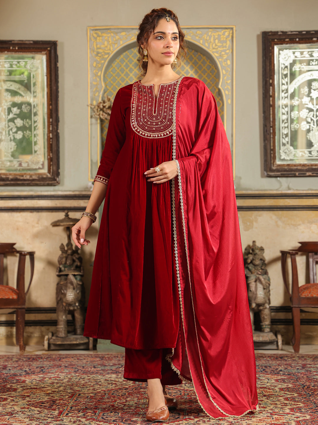 Janasya Maroon Velvet Embroidered Kurta,Bottom & Dupatta | Grocsy