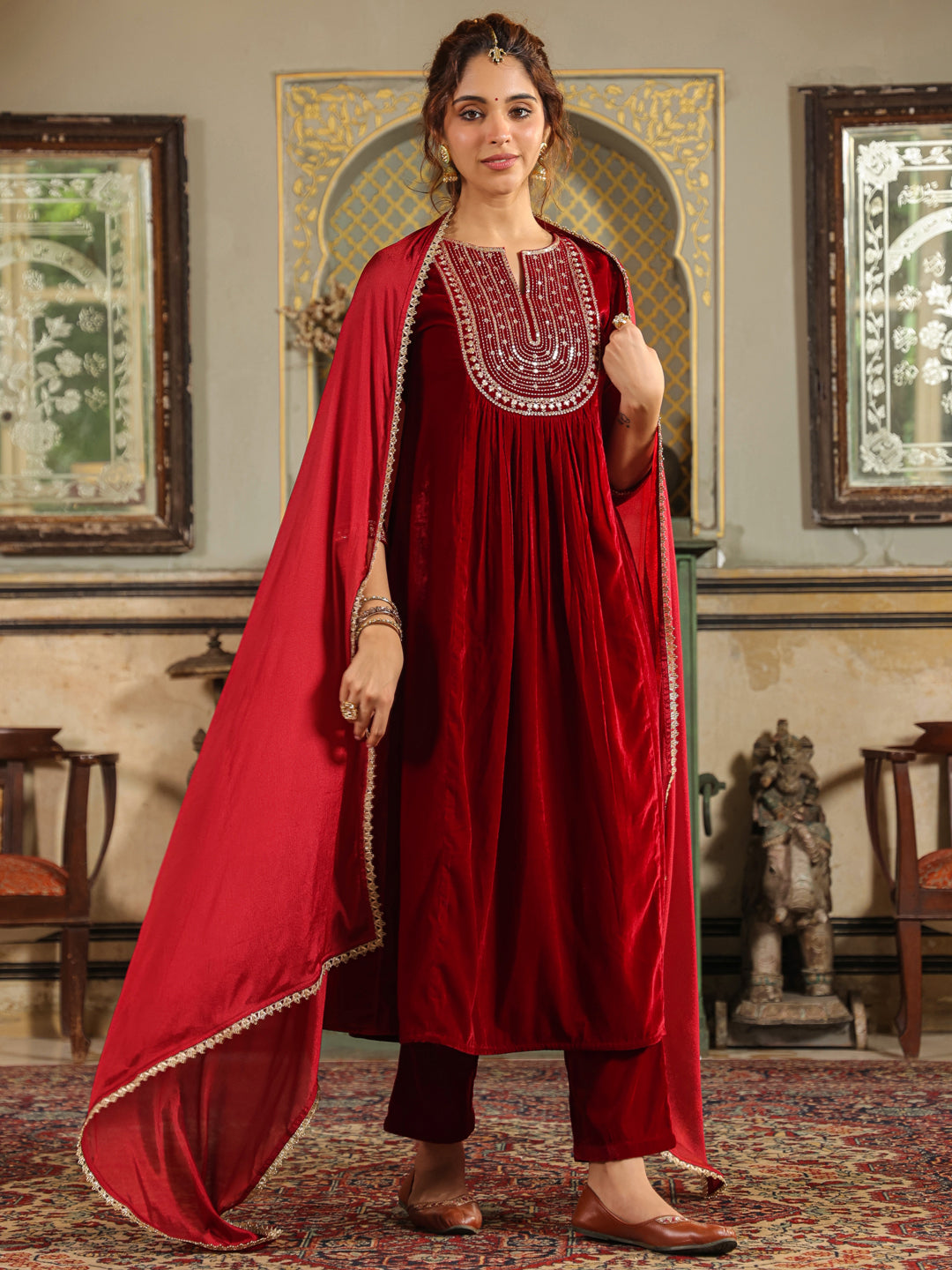 Janasya Maroon Velvet Embroidered Kurta,Bottom & Dupatta | Grocsy