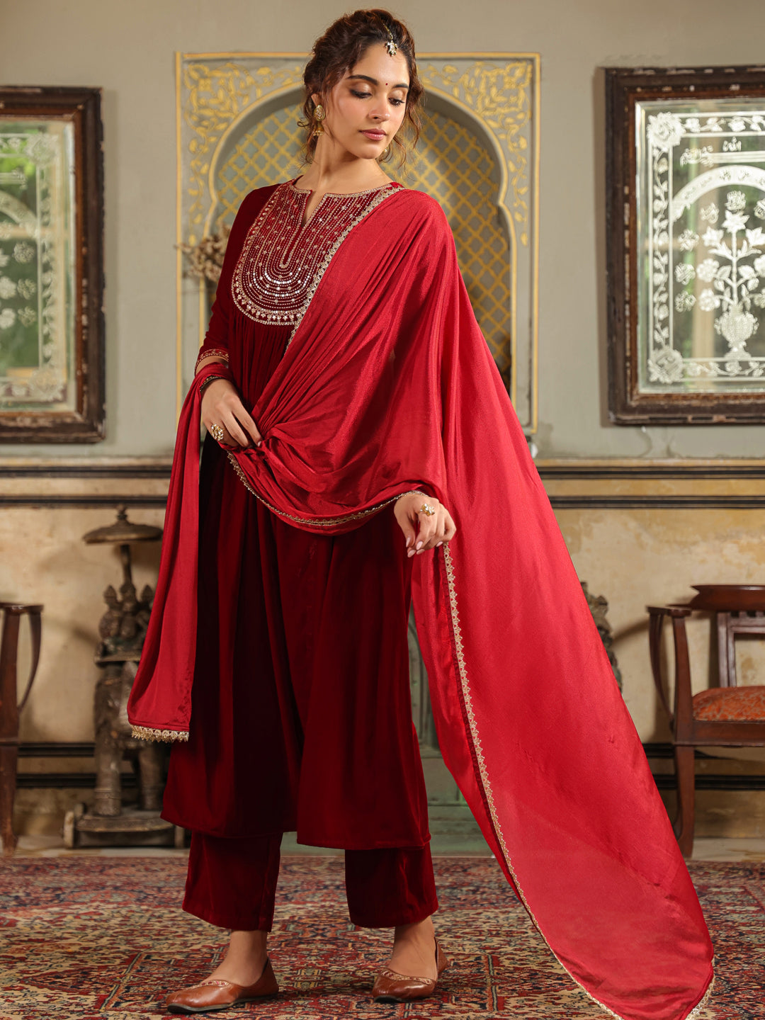 Janasya Maroon Velvet Embroidered Kurta,Bottom & Dupatta | Grocsy