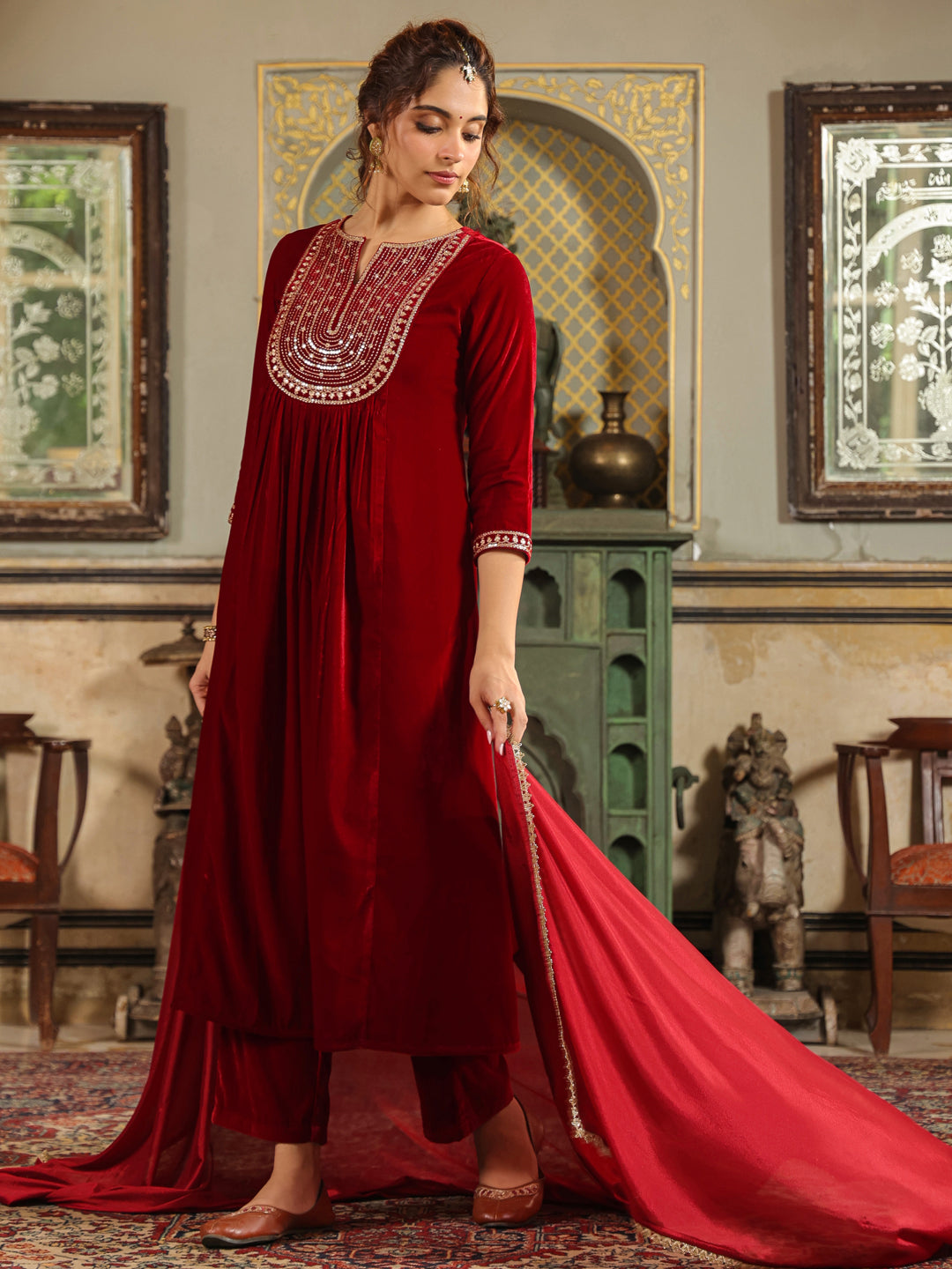 Janasya Maroon Velvet Embroidered Kurta,Bottom & Dupatta | Grocsy