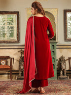 Janasya Maroon Velvet Embroidered Kurta,Bottom & Dupatta | Grocsy