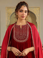 Janasya Maroon Velvet Embroidered Kurta,Bottom & Dupatta | Grocsy