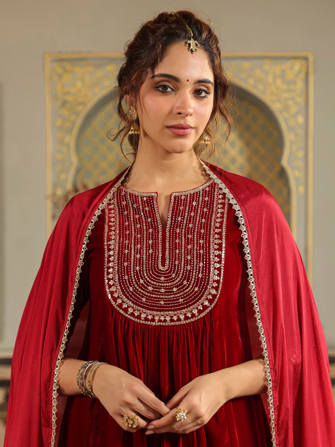 Janasya Maroon Velvet Embroidered Kurta,Bottom & Dupatta | Grocsy