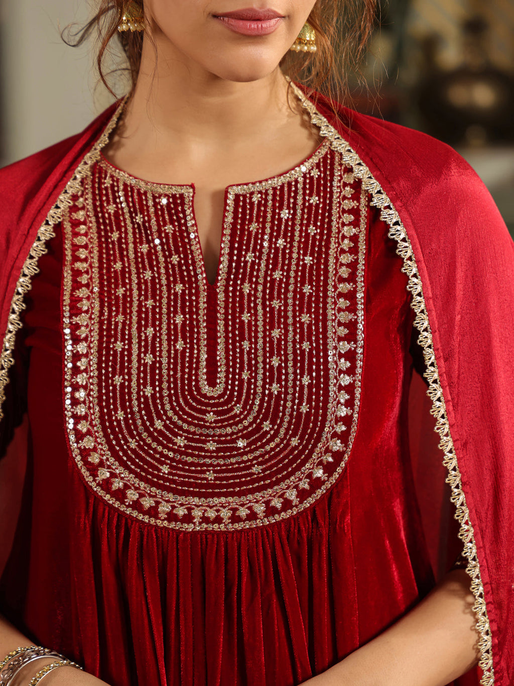 Janasya Maroon Velvet Embroidered Kurta,Bottom & Dupatta | Grocsy