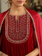 Janasya Maroon Velvet Embroidered Kurta,Bottom & Dupatta | Grocsy