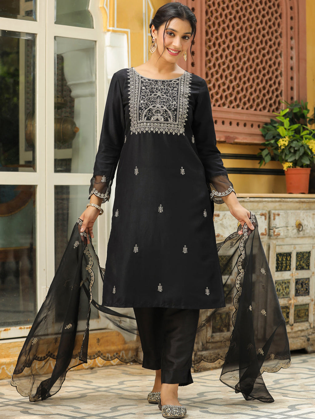 Janasya Black Premium Chinnon Embroidered Kurta,Bottom & Dupatta | Grocsy
