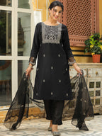 Janasya Black Premium Chinnon Embroidered Kurta,Bottom & Dupatta | Grocsy