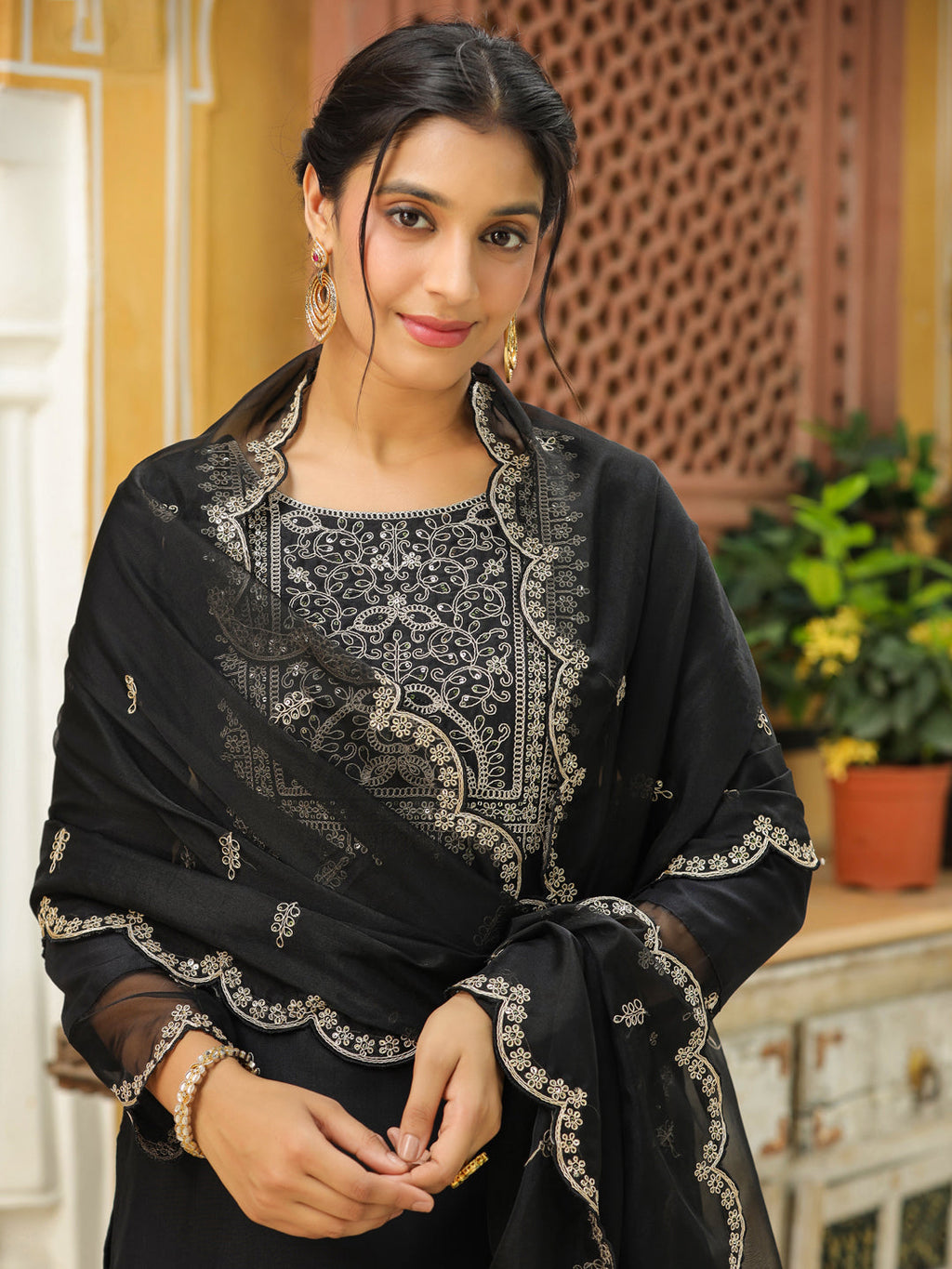 Janasya Black Premium Chinnon Embroidered Kurta,Bottom & Dupatta | Grocsy