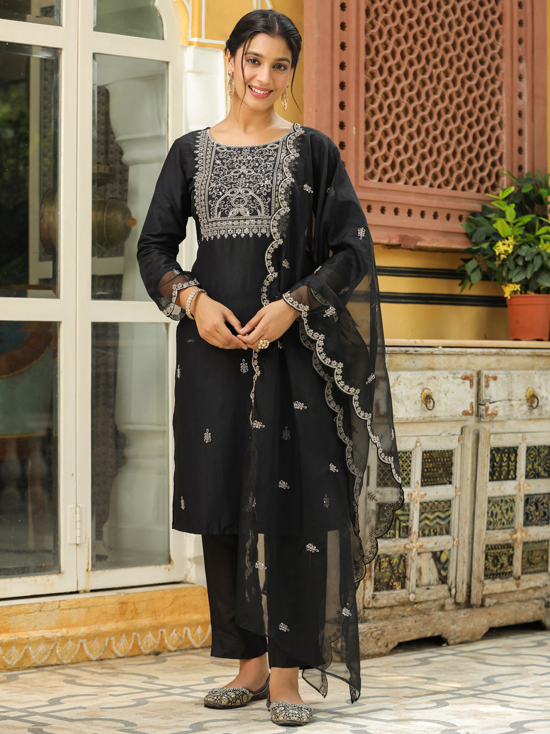 Janasya Black Premium Chinnon Embroidered Kurta,Bottom & Dupatta | Grocsy