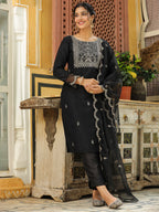 Janasya Black Premium Chinnon Embroidered Kurta,Bottom & Dupatta | Grocsy