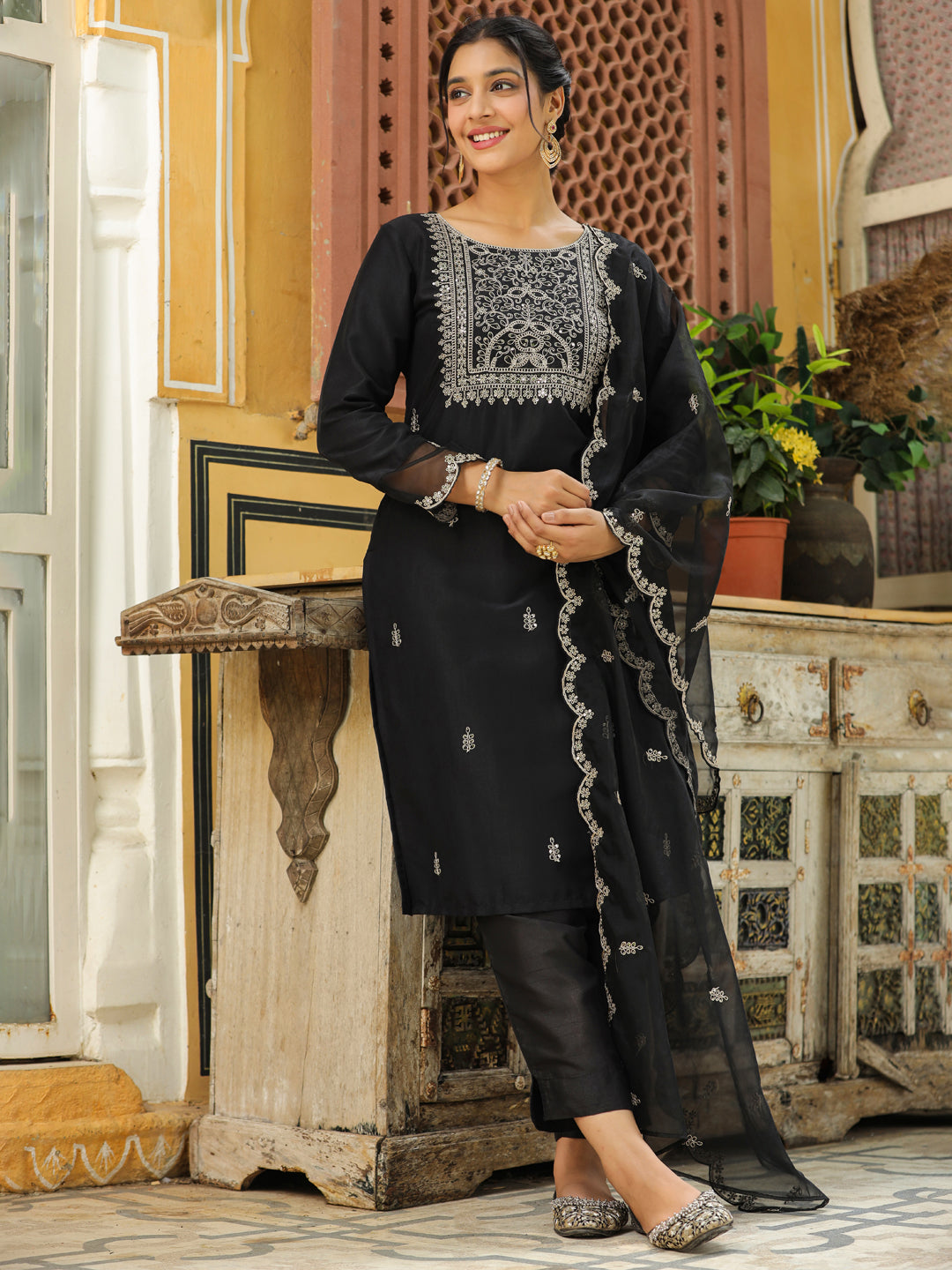 Janasya Black Premium Chinnon Embroidered Kurta,Bottom & Dupatta | Grocsy