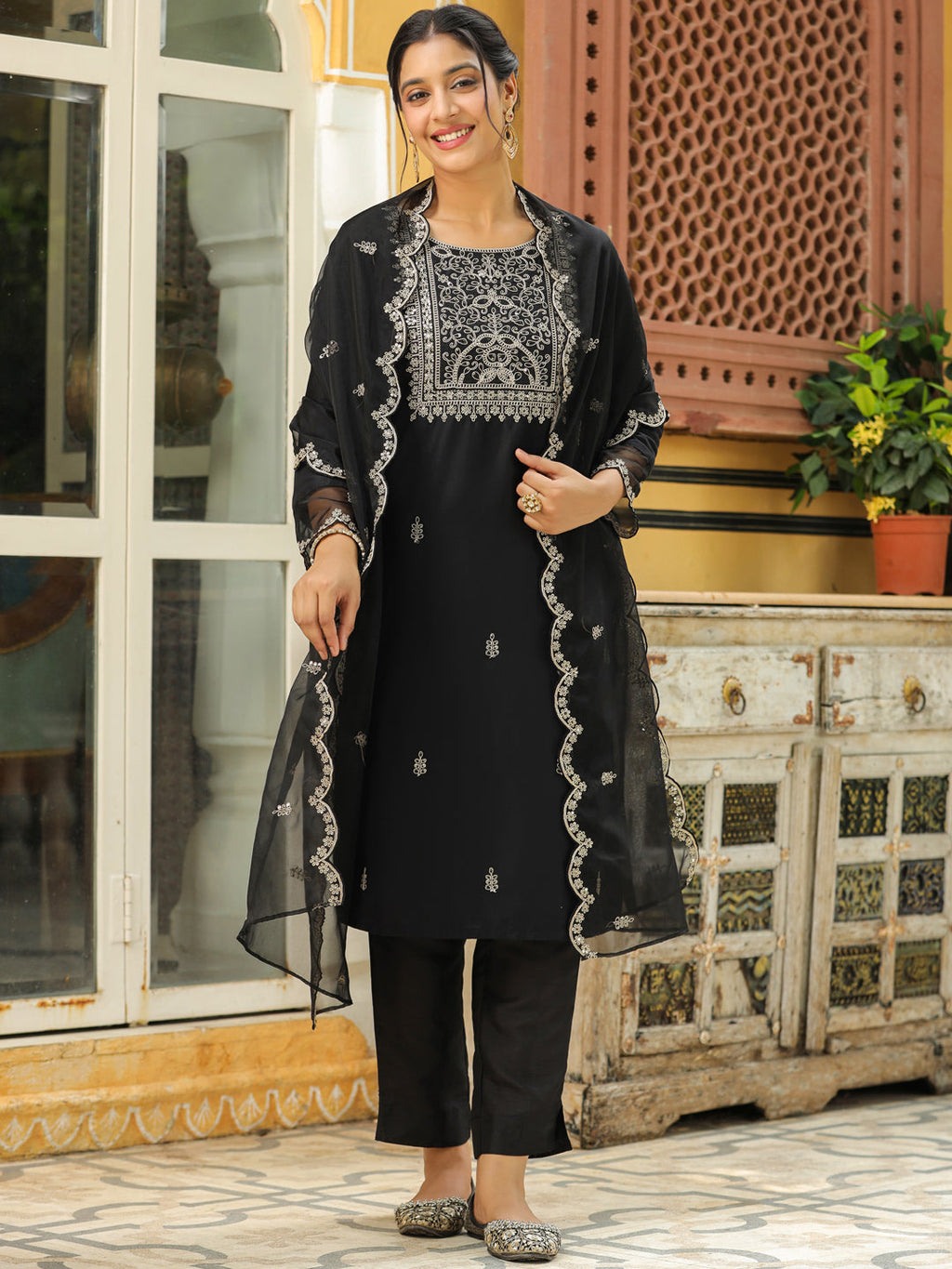 Janasya Black Premium Chinnon Embroidered Kurta,Bottom & Dupatta | Grocsy