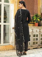 Janasya Black Premium Chinnon Embroidered Kurta,Bottom & Dupatta | Grocsy