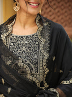 Janasya Black Premium Chinnon Embroidered Kurta,Bottom & Dupatta | Grocsy