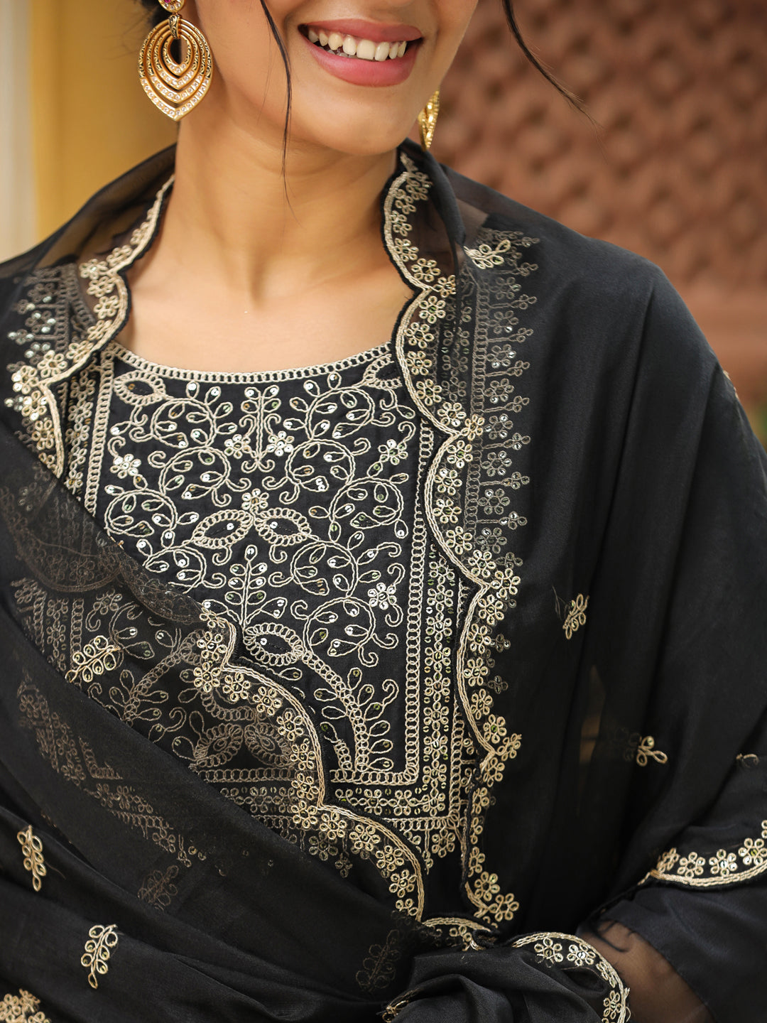 Janasya Black Premium Chinnon Embroidered Kurta,Bottom & Dupatta | Grocsy