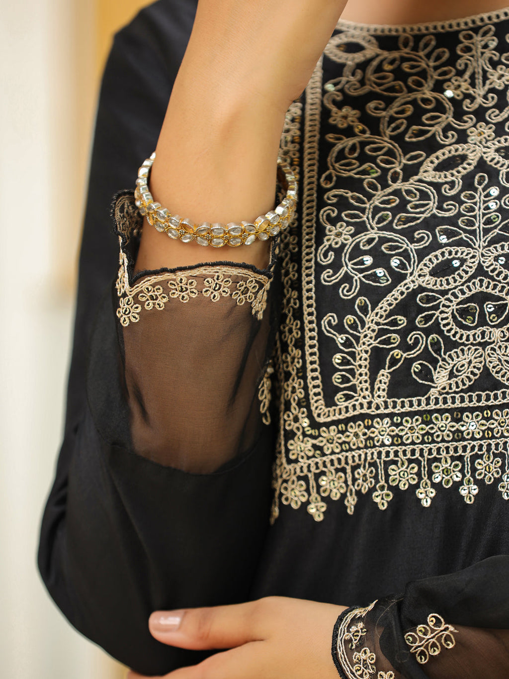 Janasya Black Premium Chinnon Embroidered Kurta,Bottom & Dupatta | Grocsy