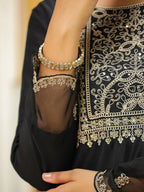 Janasya Black Premium Chinnon Embroidered Kurta,Bottom & Dupatta | Grocsy