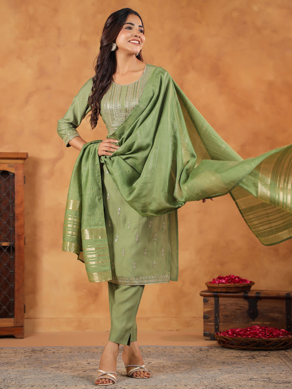 Janasya Sage Premium Chinnon Embroidered Kurta,Bottom & Dupatta | Grocsy