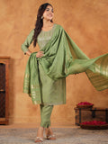 Janasya Sage Premium Chinnon Embroidered Kurta,Bottom & Dupatta | Grocsy