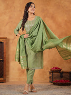 Janasya Sage Premium Chinnon Embroidered Kurta,Bottom & Dupatta | Grocsy