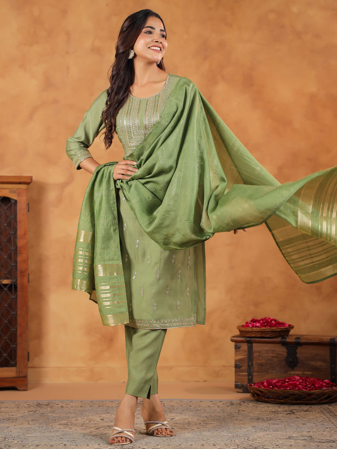 Janasya Sage Premium Chinnon Embroidered Kurta,Bottom & Dupatta | Grocsy