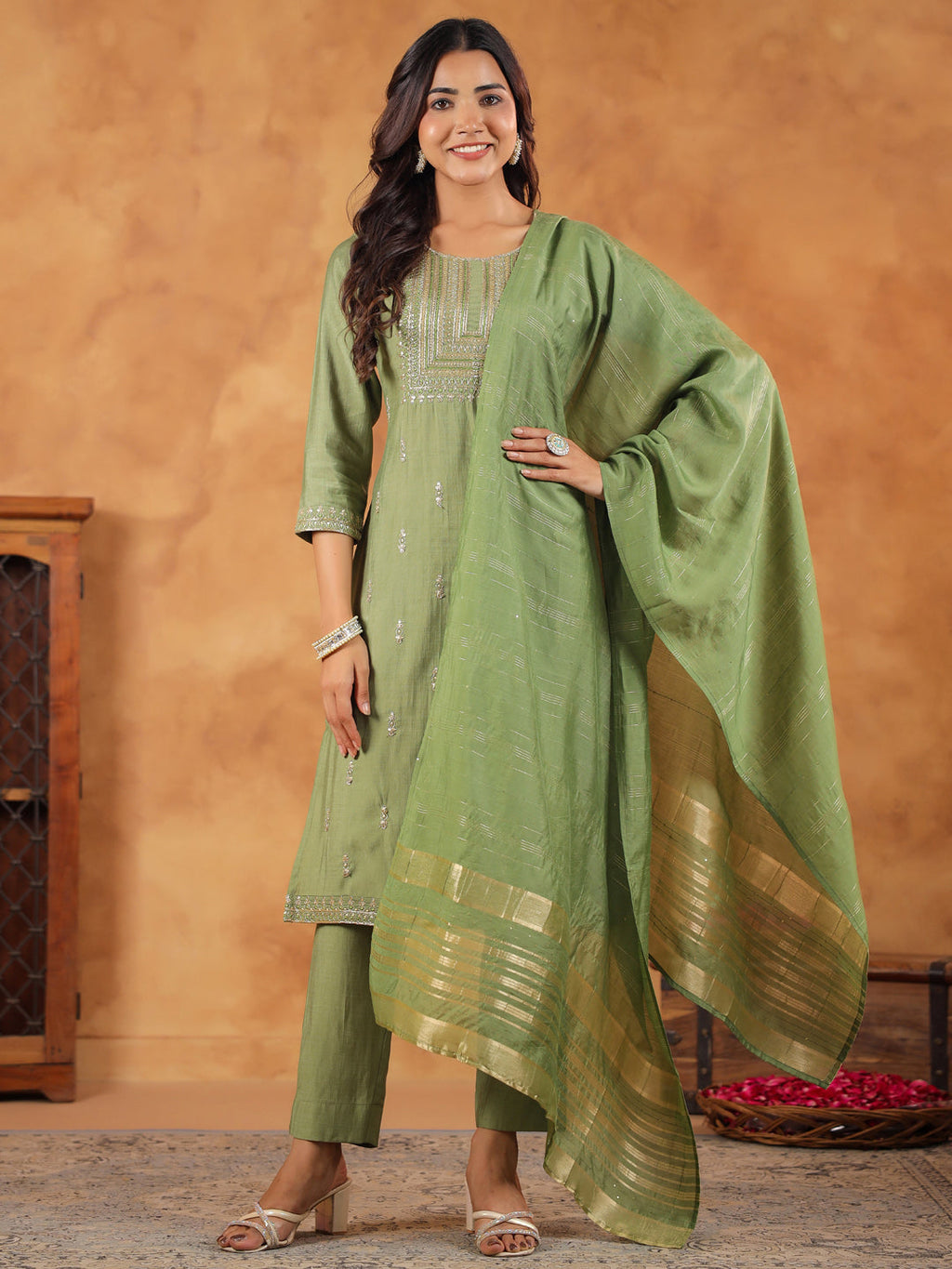 Janasya Sage Premium Chinnon Embroidered Kurta,Bottom & Dupatta | Grocsy