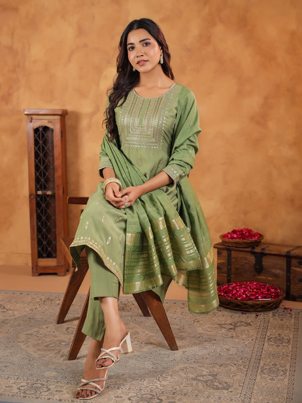 Janasya Sage Premium Chinnon Embroidered Kurta,Bottom & Dupatta | Grocsy