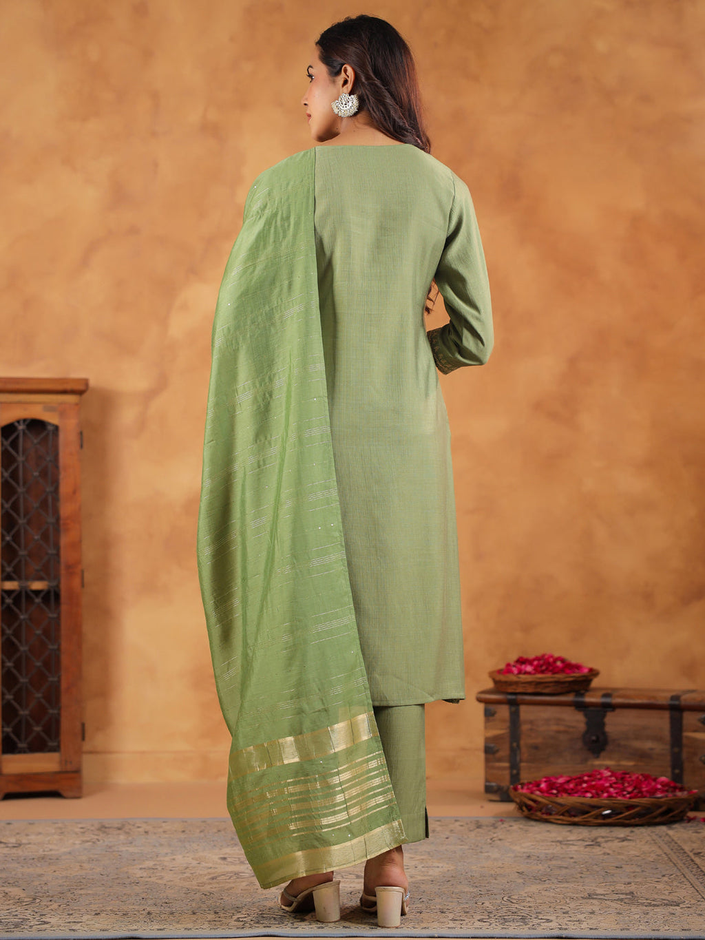 Janasya Sage Premium Chinnon Embroidered Kurta,Bottom & Dupatta | Grocsy