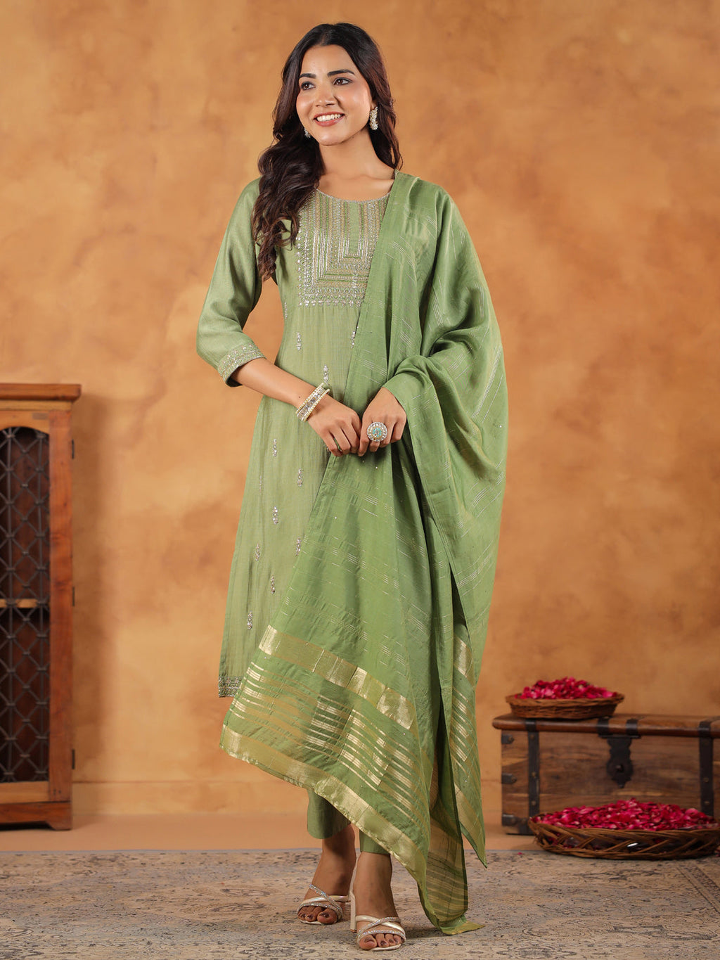 Janasya Sage Premium Chinnon Embroidered Kurta,Bottom & Dupatta | Grocsy