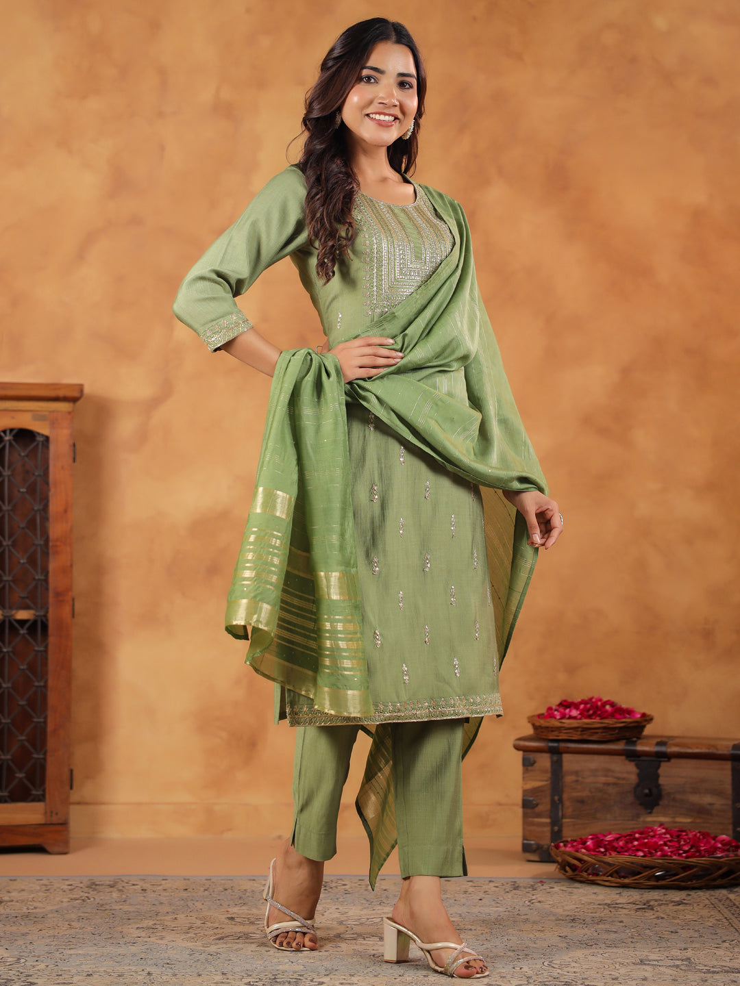 Janasya Sage Premium Chinnon Embroidered Kurta,Bottom & Dupatta | Grocsy