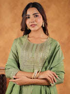 Janasya Sage Premium Chinnon Embroidered Kurta,Bottom & Dupatta | Grocsy