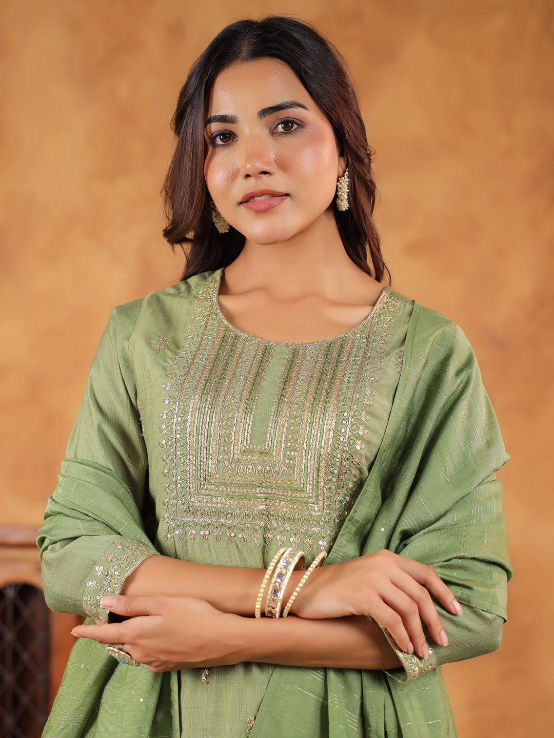 Janasya Sage Premium Chinnon Embroidered Kurta,Bottom & Dupatta | Grocsy