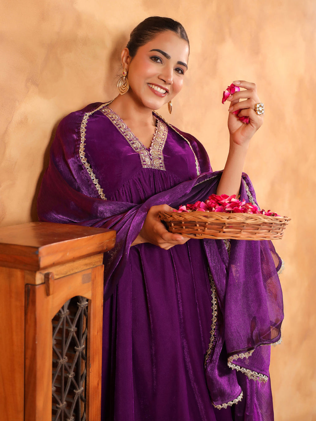 Janasya Purple Velvet Embroidered Kurta,Bottom & Dupatta | Grocsy