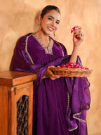 Janasya Purple Velvet Embroidered Kurta,Bottom & Dupatta | Grocsy
