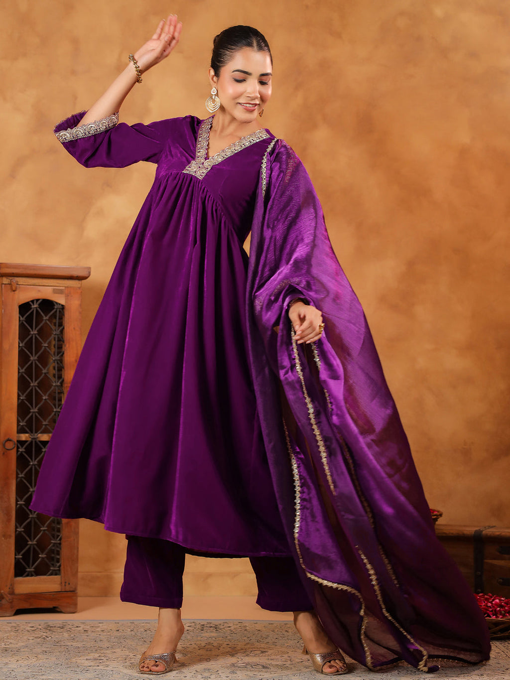 Janasya Purple Velvet Embroidered Kurta,Bottom & Dupatta | Grocsy