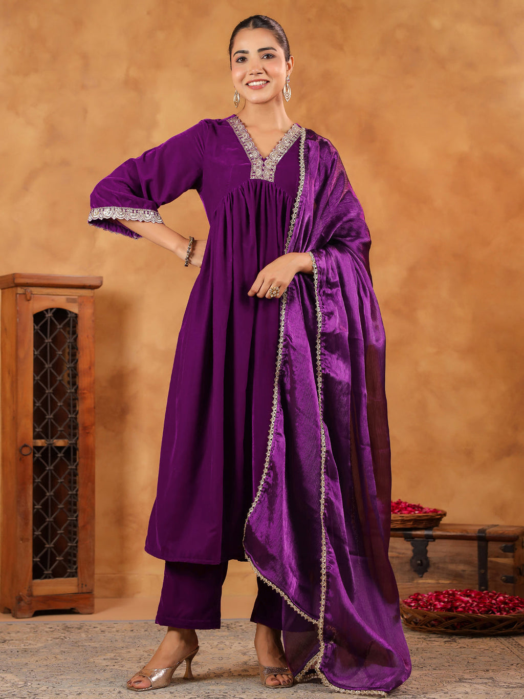 Janasya Purple Velvet Embroidered Kurta,Bottom & Dupatta | Grocsy