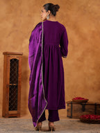 Janasya Purple Velvet Embroidered Kurta,Bottom & Dupatta | Grocsy
