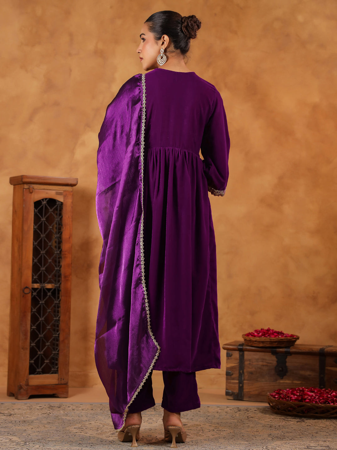 Janasya Purple Velvet Embroidered Kurta,Bottom & Dupatta | Grocsy