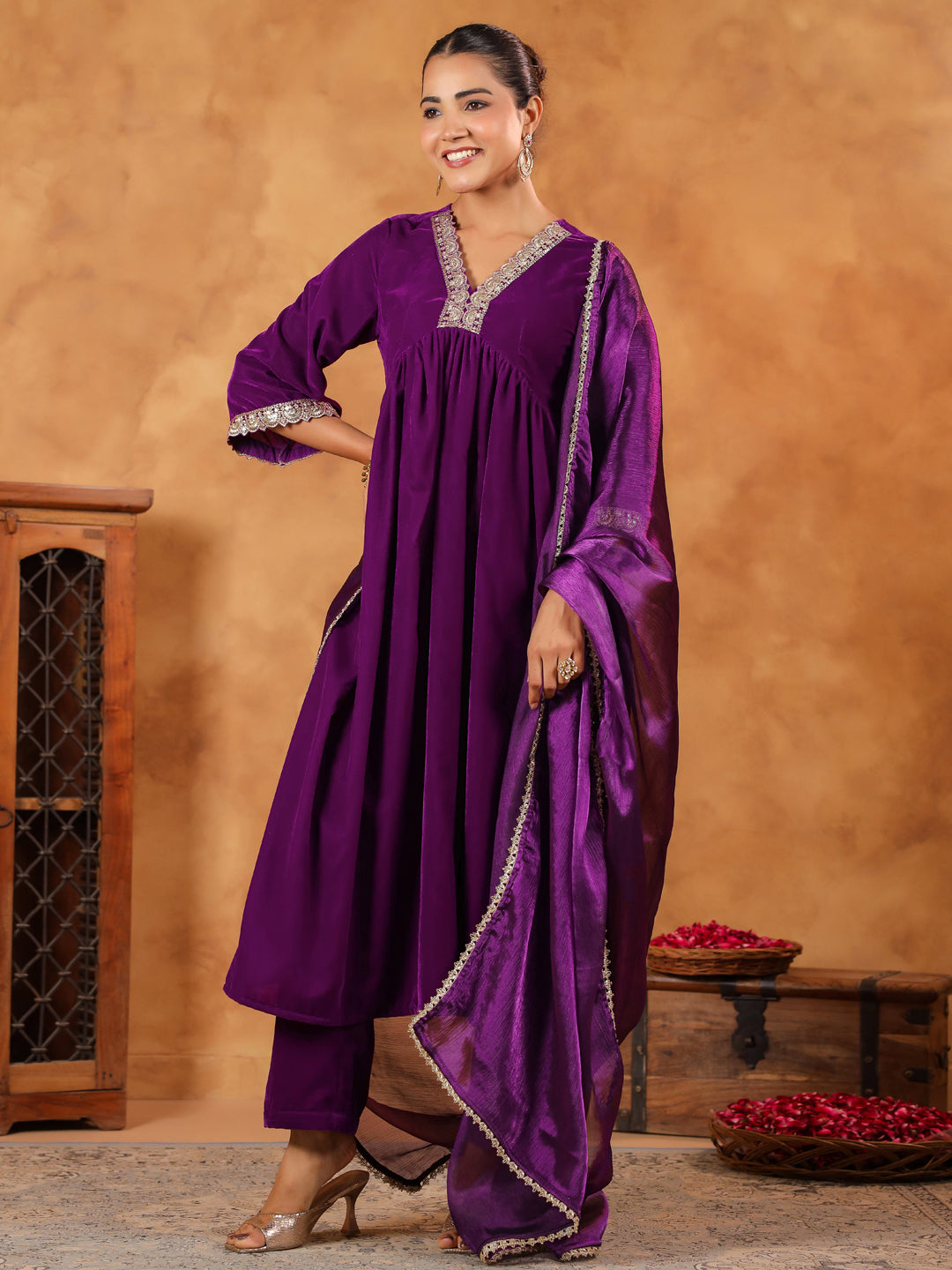 Janasya Purple Velvet Embroidered Kurta,Bottom & Dupatta | Grocsy
