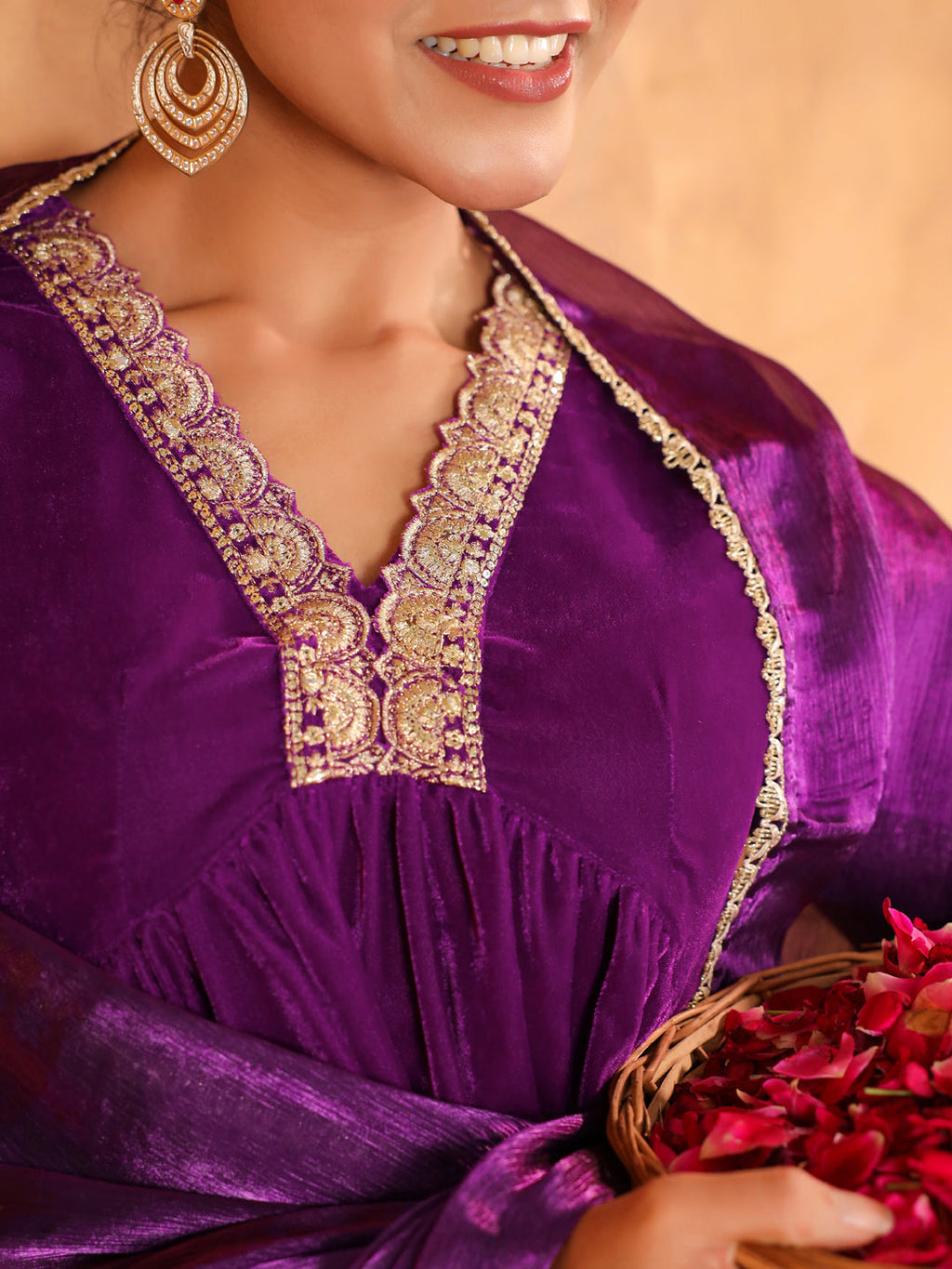 Janasya Purple Velvet Embroidered Kurta,Bottom & Dupatta | Grocsy