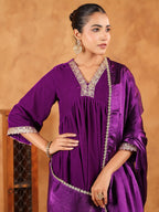 Janasya Purple Velvet Embroidered Kurta,Bottom & Dupatta | Grocsy